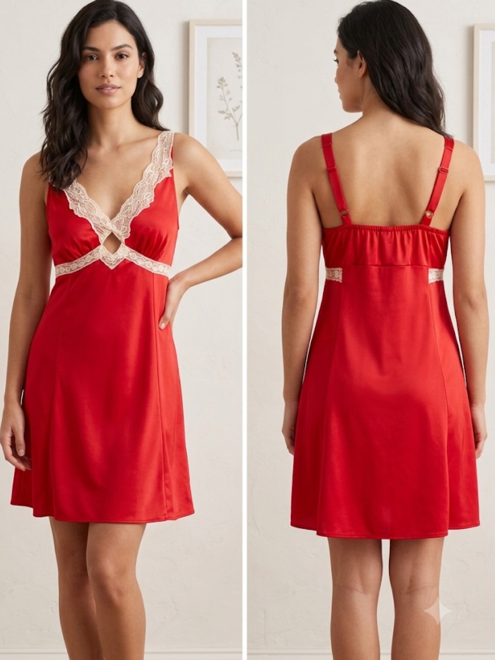 Red Lace-Trim Satin Chemise - Women Intimates & Sleepwear